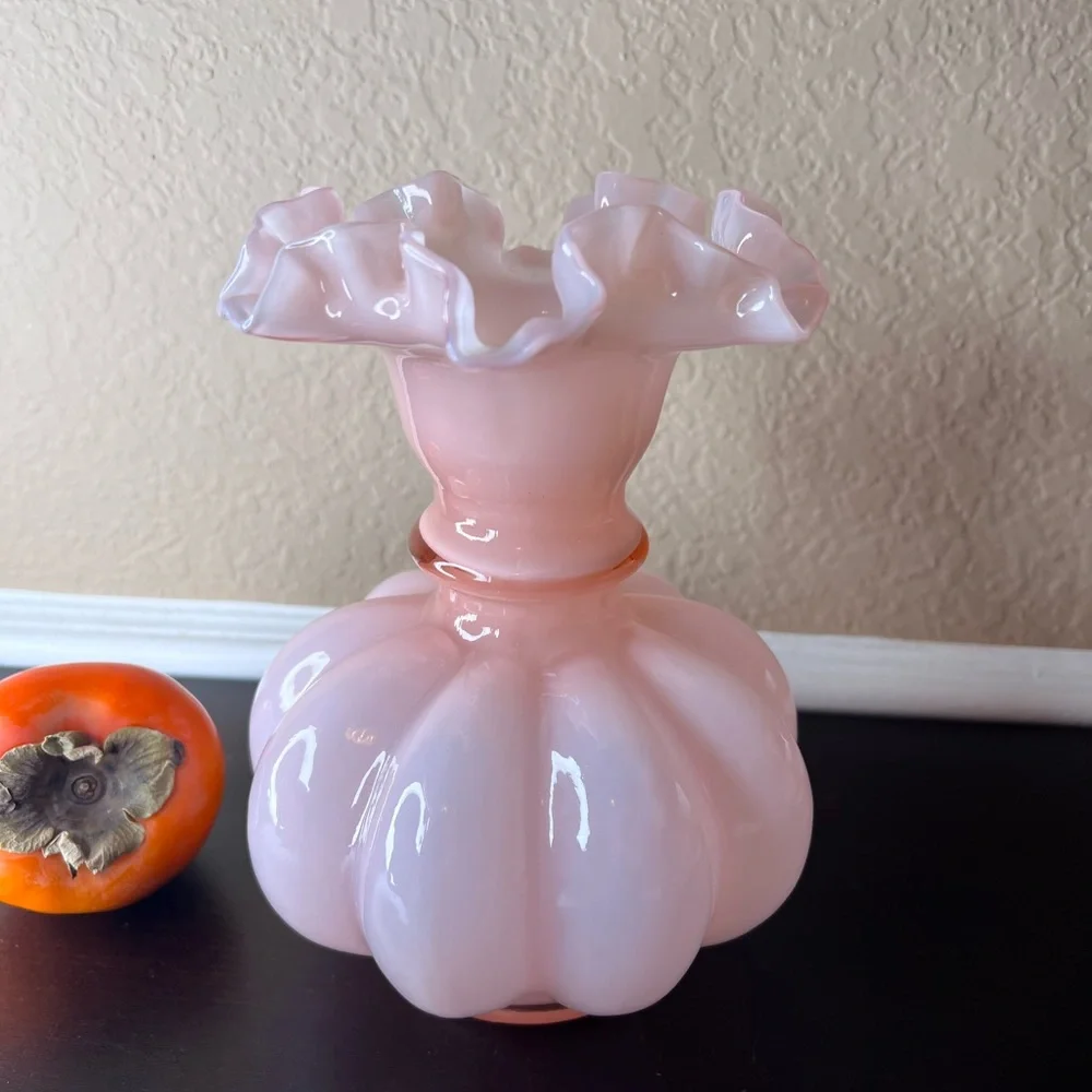Vintage Fenton Art Glass 8” Dusty Rose Pink Overlay Melon Vase w Double Crimped